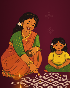 Illustration of a woman and child making a rangoli design with candles on a dark purple background.